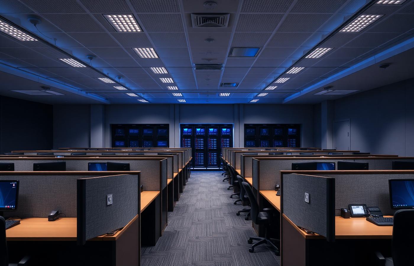 EZO Contact Center floor with soundproofed partitioned workstations and network racks