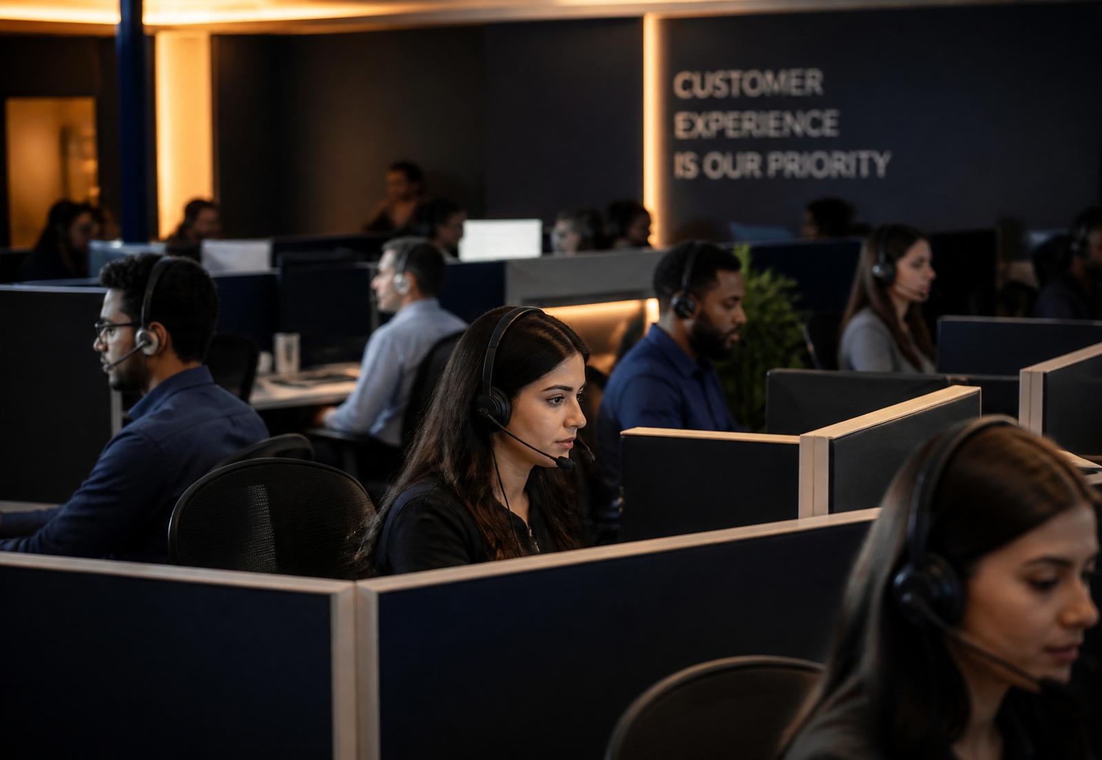 EZO Contact Center agents handling customer calls on a 24/7 support floor